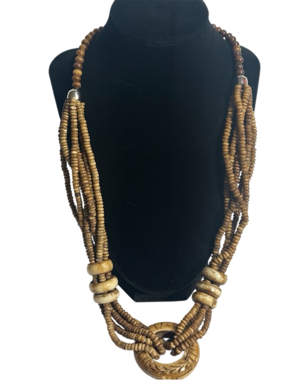 Earthy Brown Hand Carved Ethnic Boho Festival Necklace Natural Materials